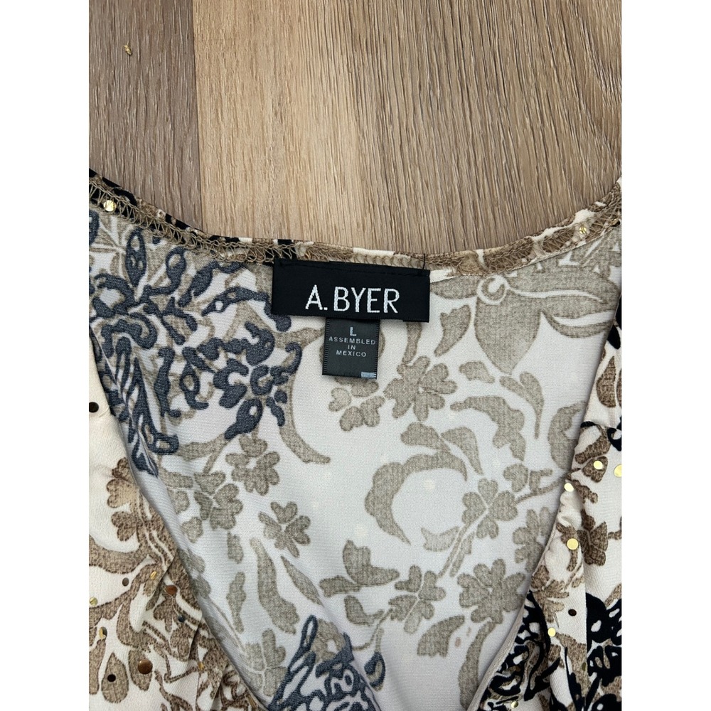 Womens Large Paisley Sequin babydoll Top Black Tan Sleeveless Tie Back L boho - Picture 3 of 7